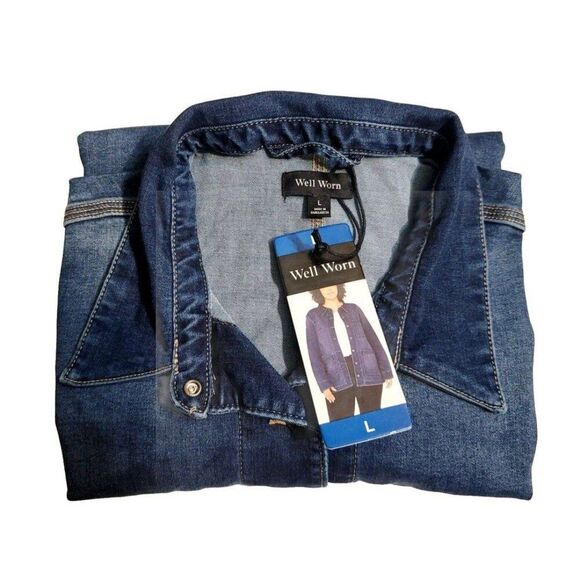 Well Worn Women's Denim Chore Jacket Comfort Stretch Heavyweight Dark Blue NWT - Picture 6 of 9